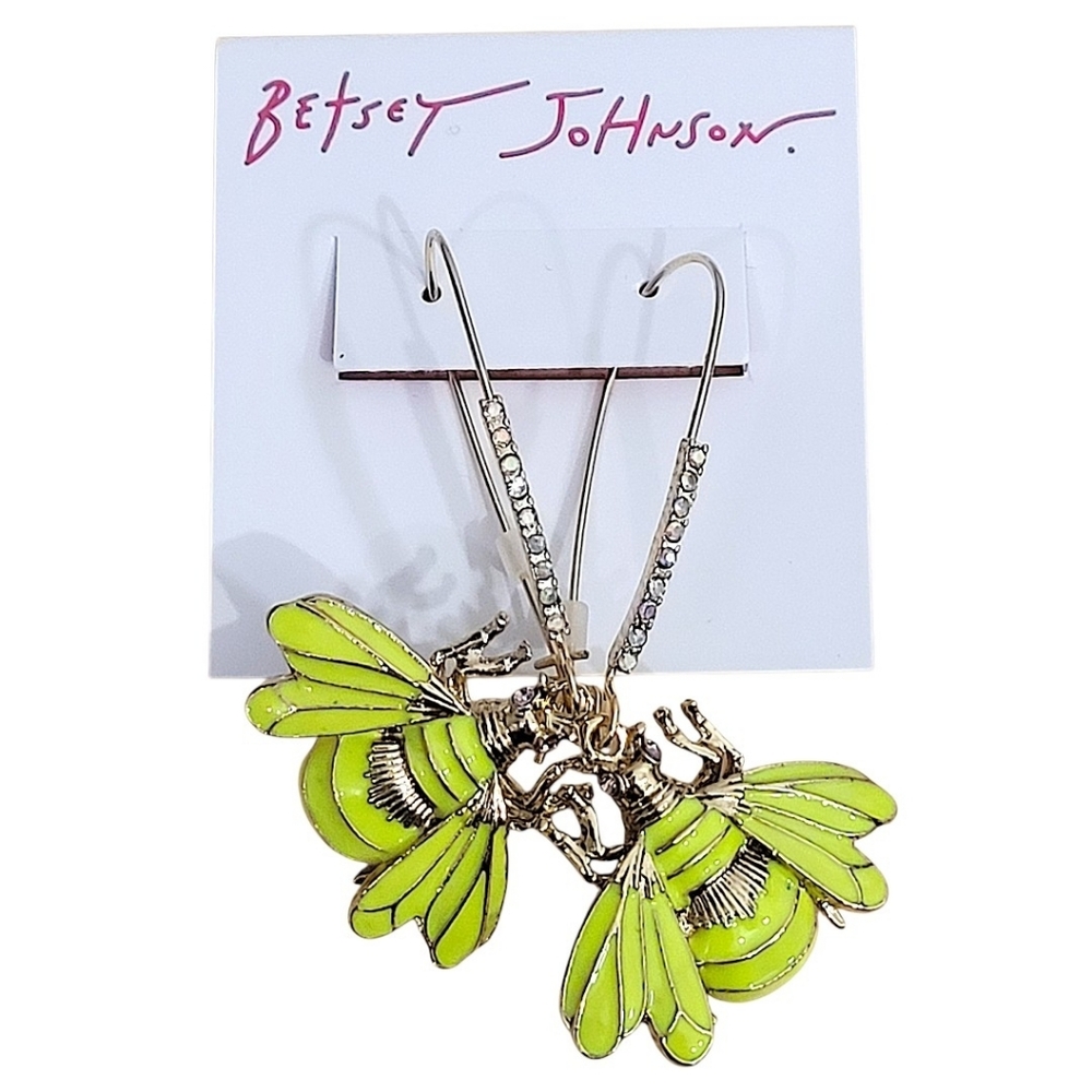 Betsey Johnson Purple Crystal Eyed Green Bee Dangle Shepherd Hook Earrings